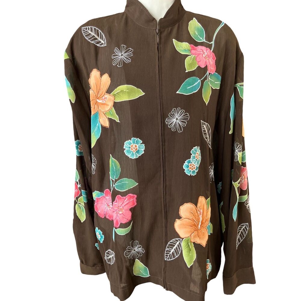 Alfred Dunner Sz Large Brown Bomber Jacket, Floral, Fall, Lightweight, Sheer